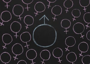 Black and white graphic showing male mars symbol at the center surrounded by smaller female venus symbols