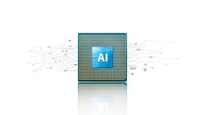 A green AI chip on a white background. Omdia's latest report shows AI processors are on the rise and entering the PC, automotive and robotics markets