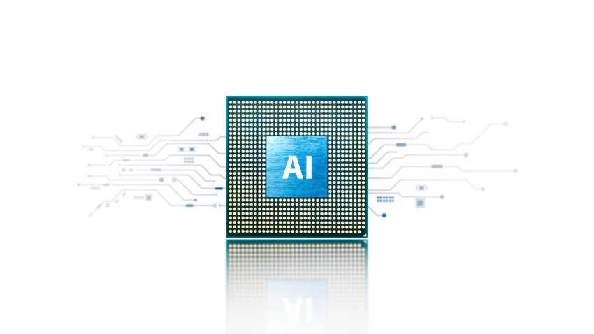 A green AI chip on a white background. Omdia's latest report shows AI processors are on the rise and entering the PC, automotive and robotics markets