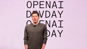 Sam Altman on stage at OpenAI DevDay. The ChatGPT makers announced a new model, GPT-4 Turbo, updates to its API, and a Copyright Shield pledge