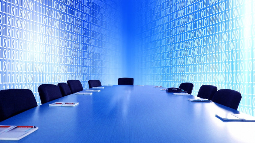 Photo of a boardroom with computer code written on the walls