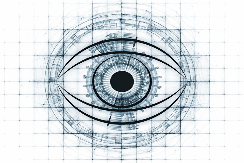 A line drawing of an eye on a grid background