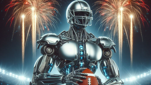 Image of a robot in a football helmet clutching a football