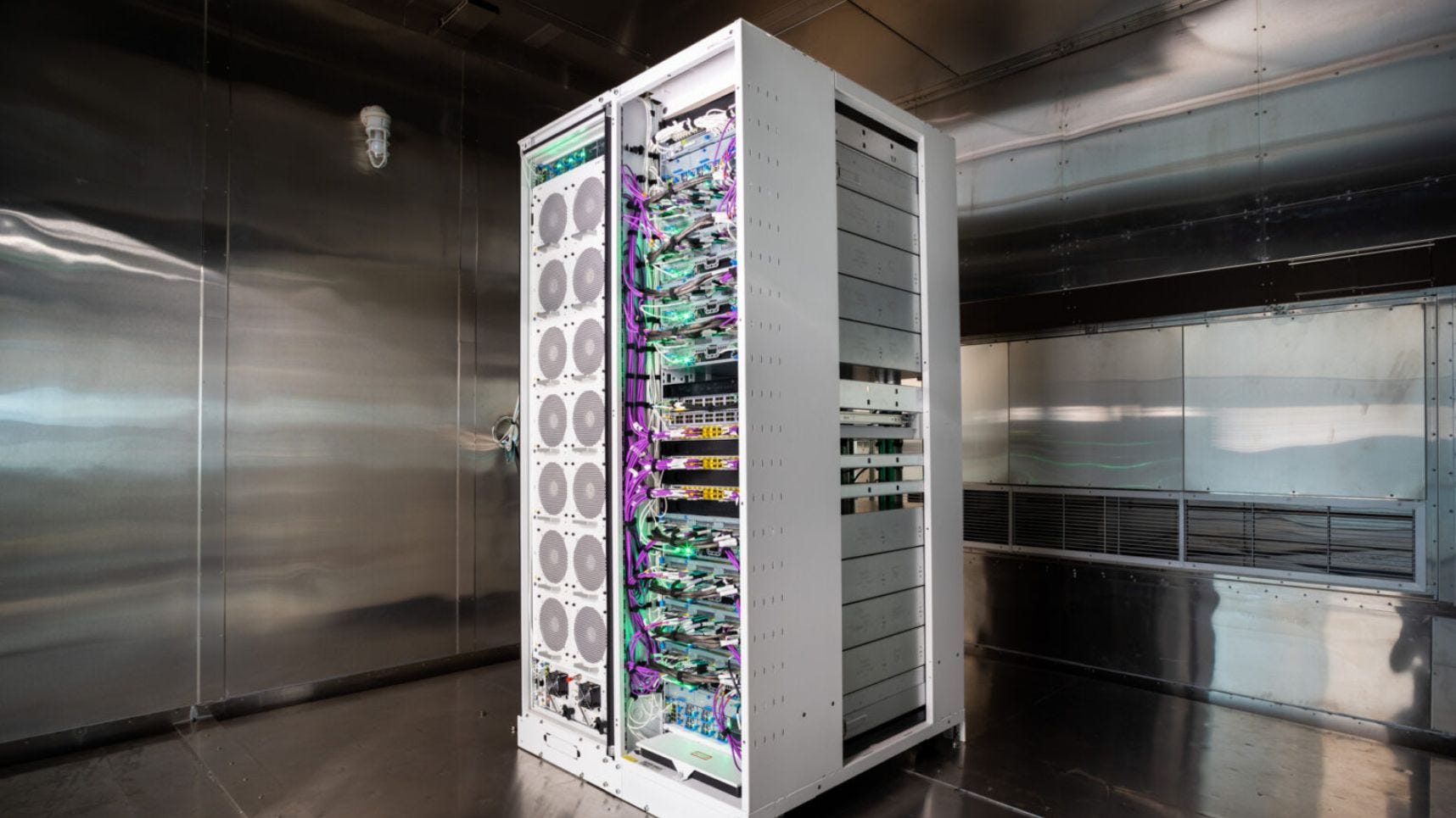 Racks housing Microsoft Maia chips. Microsoft built specially designed racks to house the chips including cooling systems called Sidekicks Racks housing Microsoft Maia chips. Microsoft built specially designed racks to house the chips including cooling systems called Sidekicks