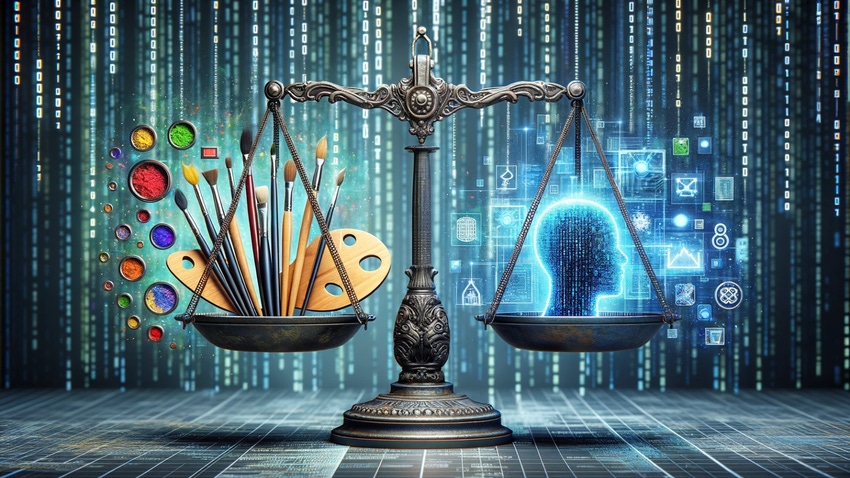 Illustration of scales of justice with one side AI, the other, artists