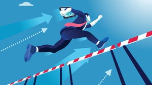 Business man jumping over obstacles