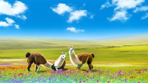Three llamas in a field of flowers under a blue sky