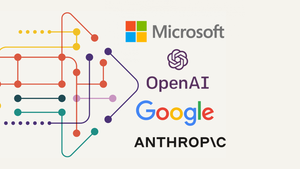 Arrow pointing to the logos of OpenAI, Microsoft, Google and Anthropic