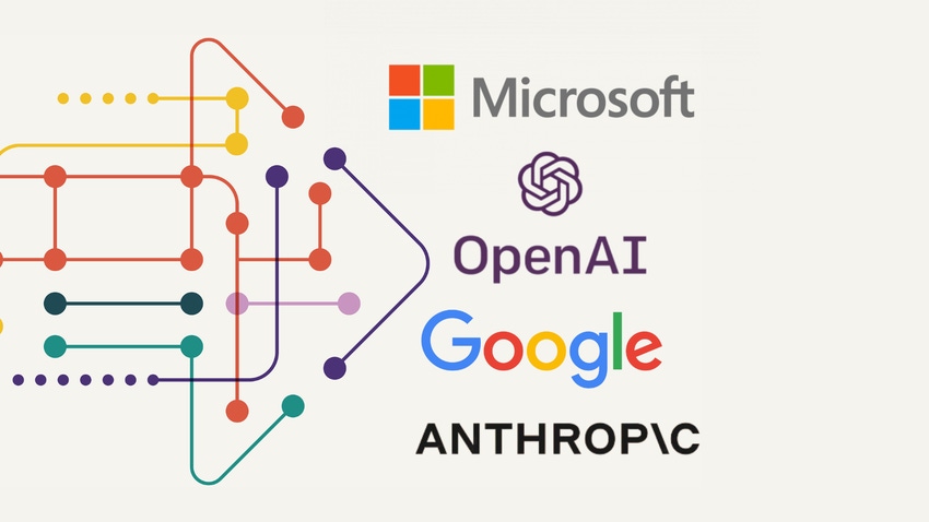 Arrow pointing to the logos of OpenAI, Microsoft, Google and Anthropic