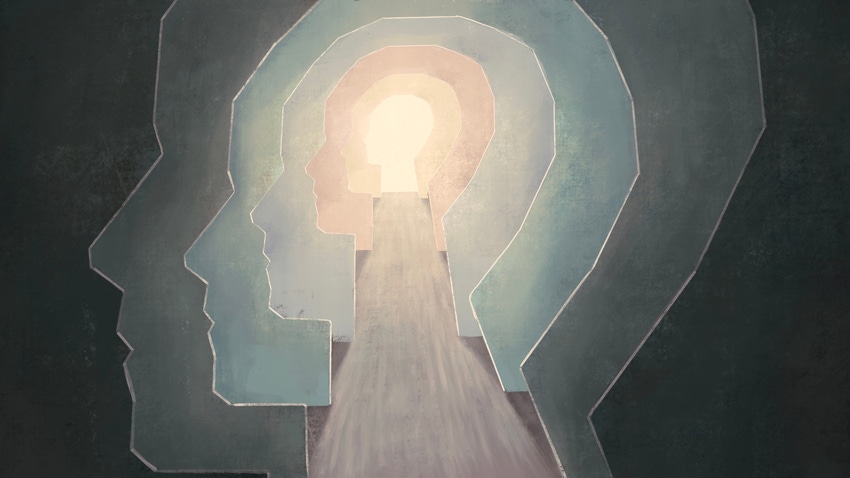 Abstract illustration of human profiles and a light bulb