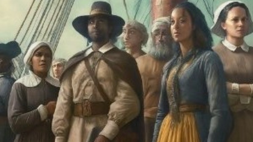 Image of people of color as English Pilgrims arriving in America in the 1800s