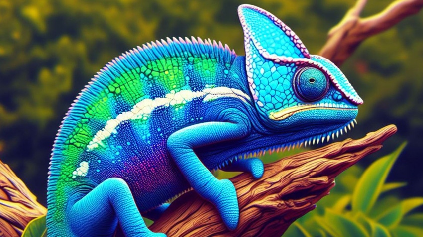 A chameleon in the colors of Meta Platforms clinging to a tree branch