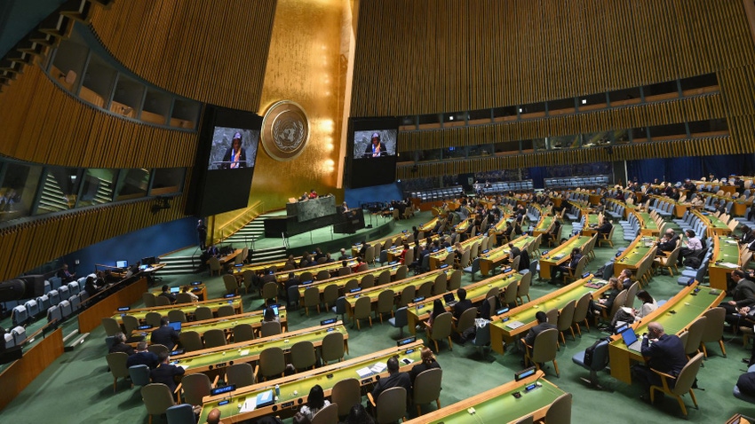 US Ambassador to the United Nations Linda Thomas-Greenfield addresses the UN General Assembly 