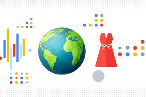 A stylised image of the earth next to an illustration of a dress and multi-coloured dots 