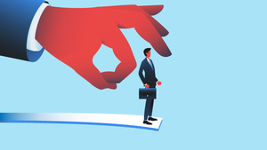 Illustration of a giant hand flicking away an executive
