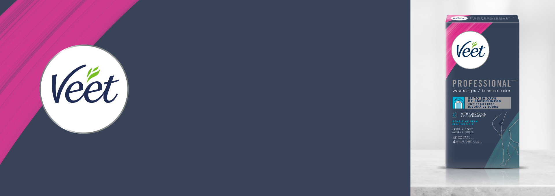 Veet Professional Wax Strips, Legs and Body, for Sensitive Skin Packshot with Veet logo