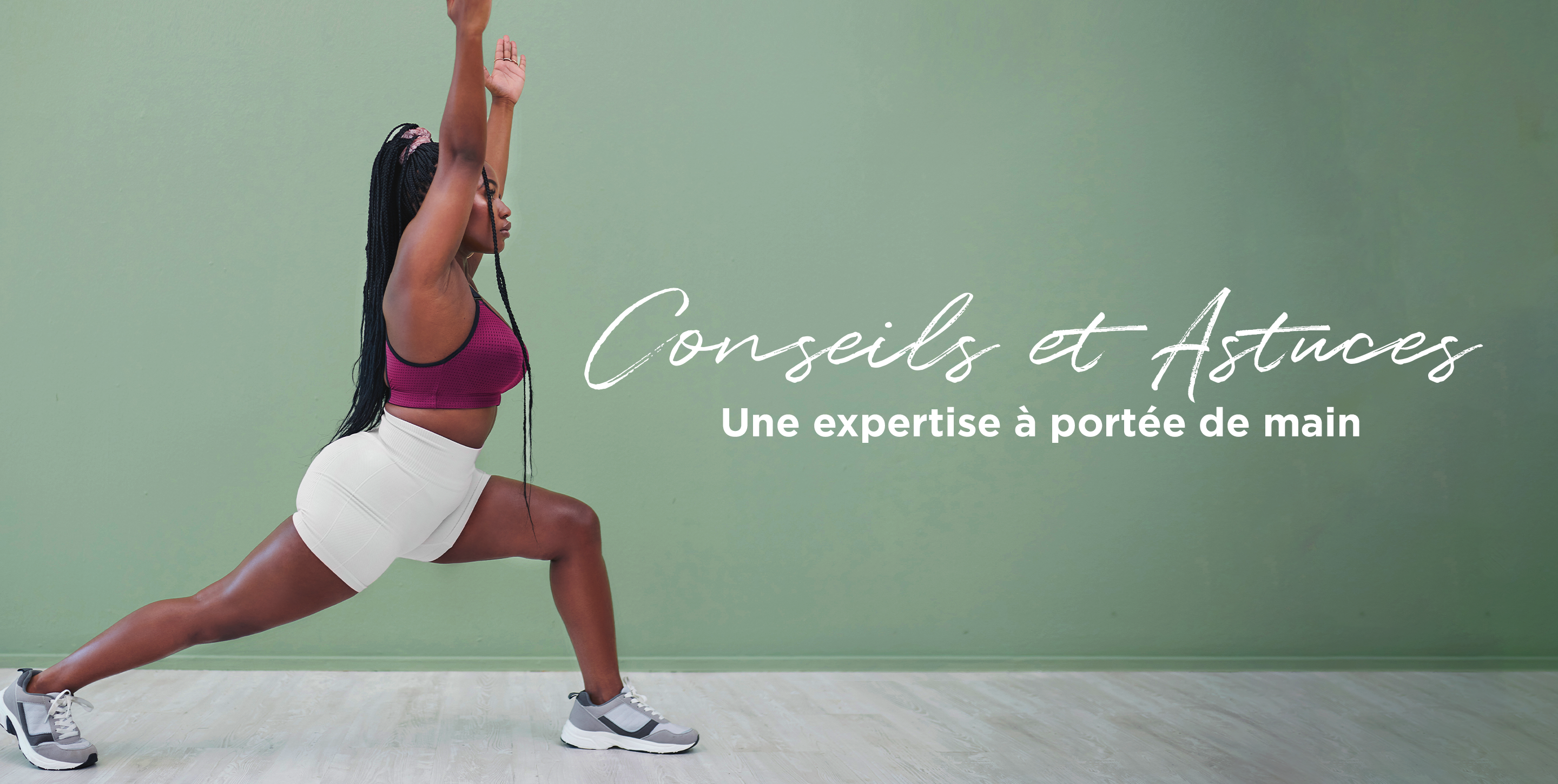 Une fille en vêtements d’entraînement fait une fente avant avec le texte « Conseils et astuces pour vous aider à définir vos propres normes » et le logo Veet au-dessus.