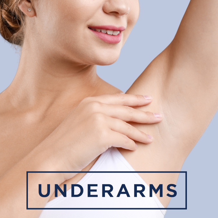 Women with her hand lifted over her head with the copy "Underarms" on it