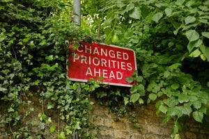 A 'Changed Priorities Ahead' road sign obscured by leaves, in the UK