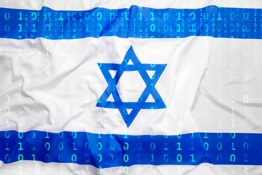 Israeli flag with binary code running over it 