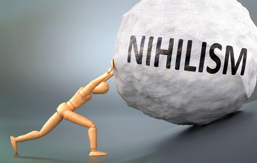 Wooden figure pushes a rock labeled "Nihilism."