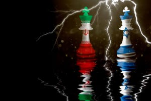 Iran and Israel flags on chess pieces