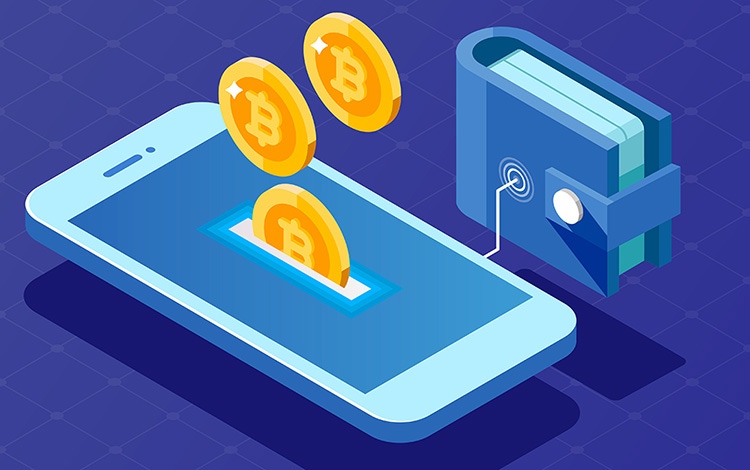 image of bitcoins transmitting from a wallet to a phone