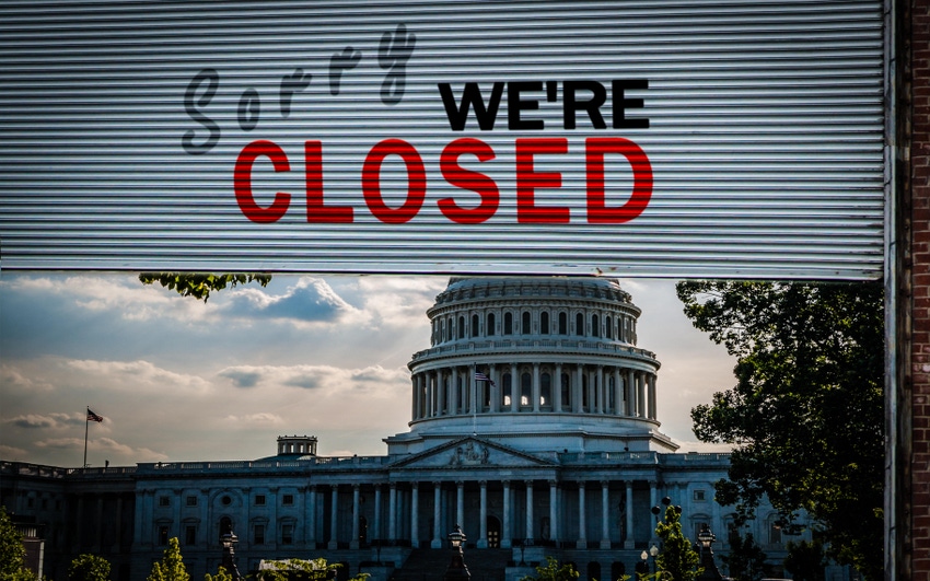 Photo illustration of the US Capitol dome overlaid with a banner that reads "Sorry, We're Closed"