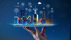 hand holding an empty digital tablet with Smart city with smart services and icons, internet of things, networks and augmented reality concept
