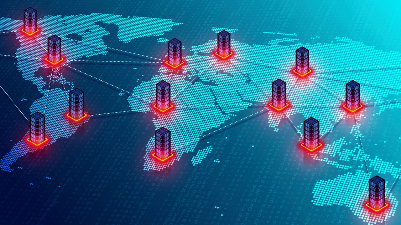 Concept illustration of a content delivery network on a world map Concept illustration of a content delivery network on a world map