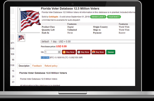 Florida voter database records for sale on the Dark Web\r\n(Source: Carbon Black)\r\n