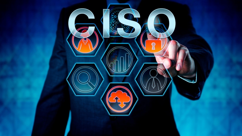 Torso of man in suit selecting icons on an imaginary screen in front of him, with the word CISO floating