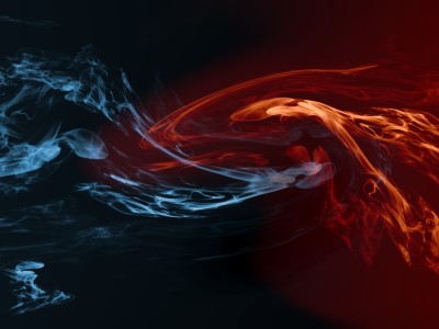 An illustration of white-blue vapor meeting yellow-orange flames against a black background