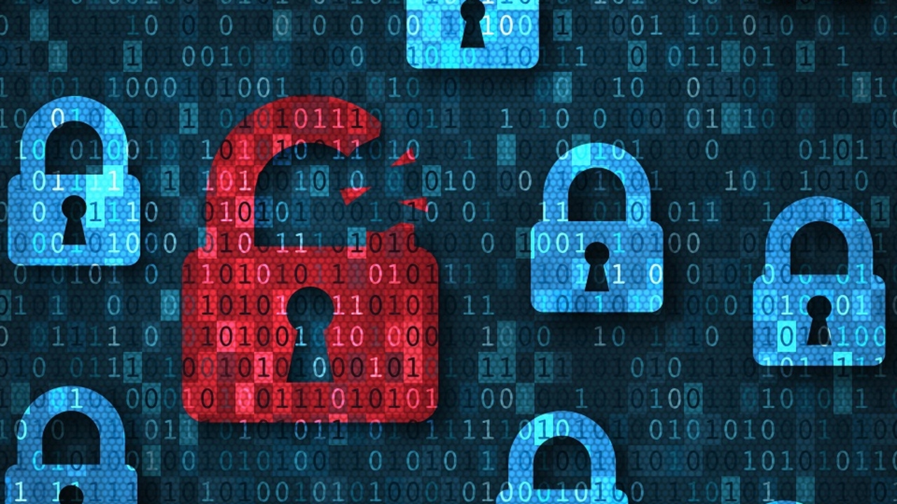 Various images of padlocks against a dark blue backgroubnd with one red one that's unlocked while the others are light blue and locked Various images of padlocks against a dark blue backgroubnd with one red one that's unlocked while the others are light blue and locked