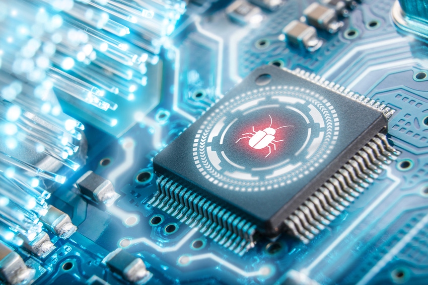 Illustration of an infected motherboard lit up by malware, with a red bug superimposed on the CPU
