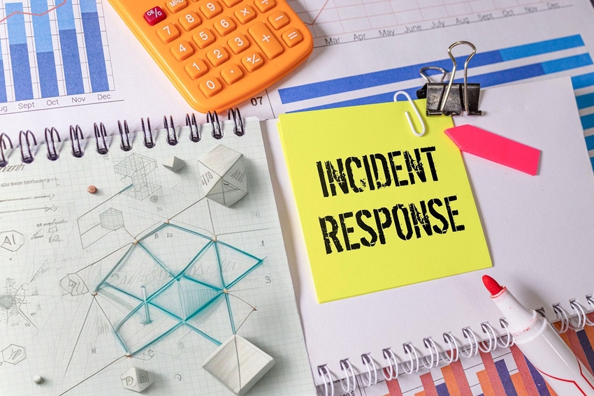 Cluttered tabletop with the words "Incident response" on a Post-it