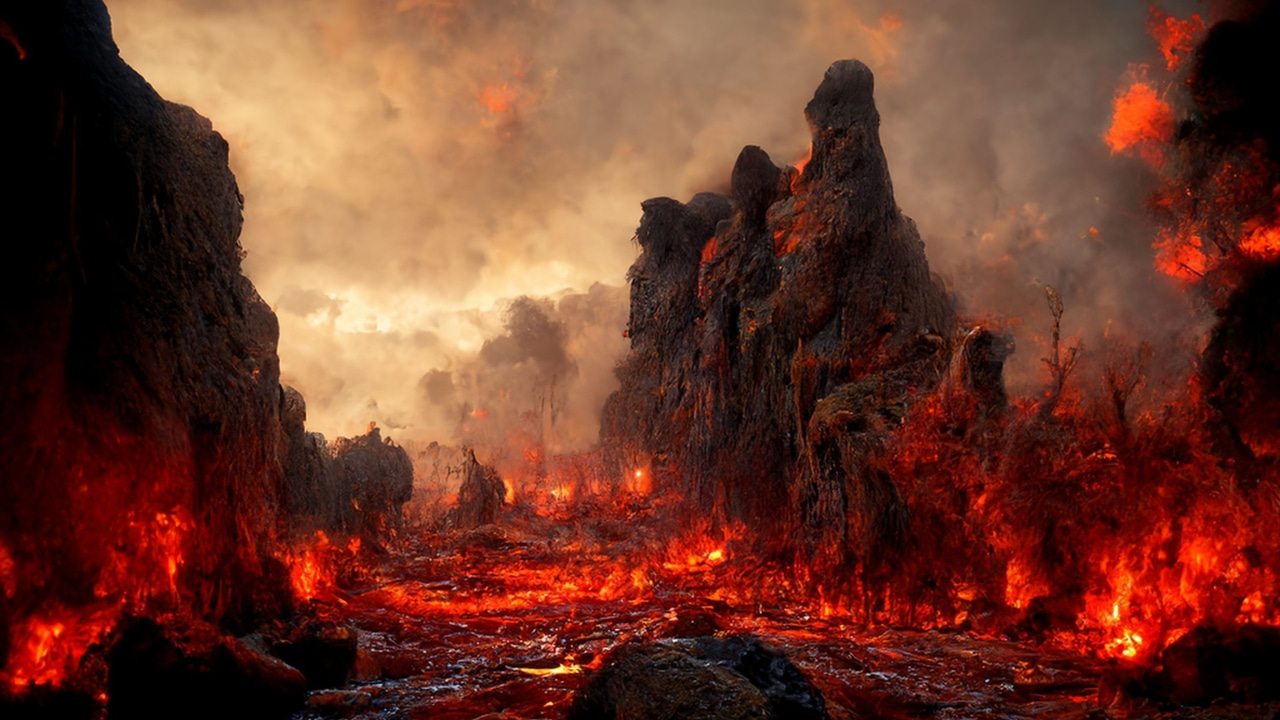 An artistic portrayal of hell featuring mountains and lakes of fire An artistic portrayal of hell featuring mountains and lakes of fire