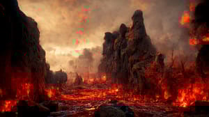 An artistic portrayal of hell featuring mountains and lakes of fire An artistic portrayal of hell featuring mountains and lakes of fire