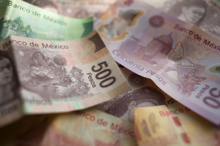 a pile of Mexican paper currency (pesos)