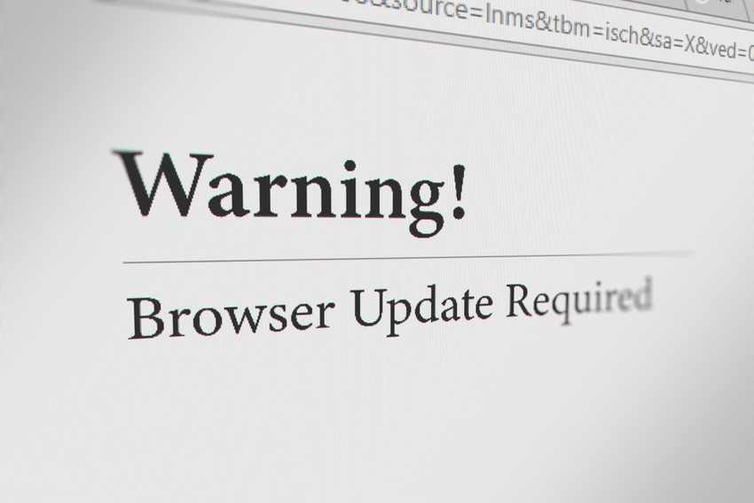 Web browser displaying "Warning! Browser Update Required" message.