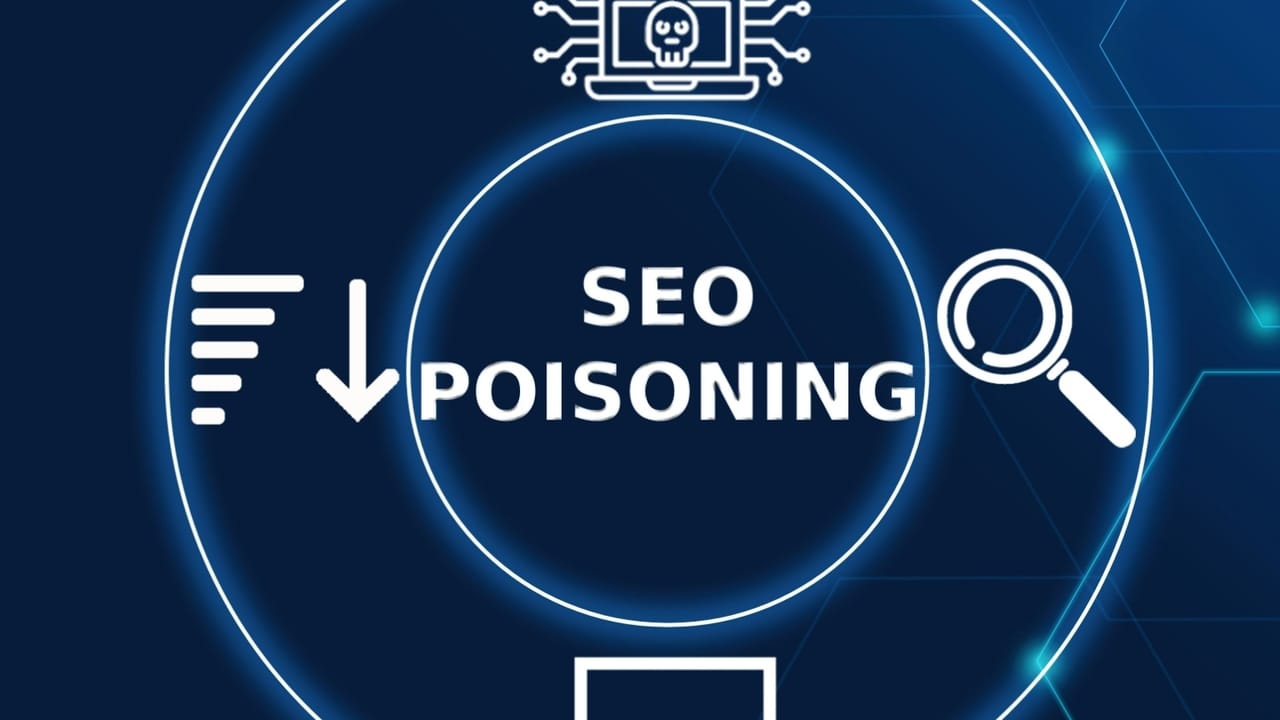 「SEO Poisoning」という言葉が円の中にあり、さまざまなテクノロジーアイコンに囲まれている 「SEO Poisoning」という言葉が円の中にあり、さまざまなテクノロジーアイコンに囲まれている