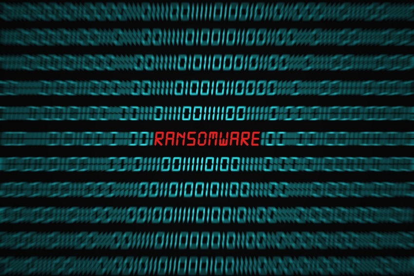 The word "ransomware" in red, amid binary code