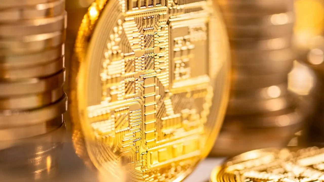 A gold coin surrounded by other gold coins, hardware etched into the surface A gold coin surrounded by other gold coins, hardware etched into the surface