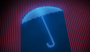 Digital blue umbrella made up of 1s and 0s fending off red skulls and crossbones, representing malware