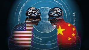 Outlines of two figures facing each other, one with the US flag and one with the Chinese flagged superimposed; the figures have circuits for heads Outlines of two figures facing each other, one with the US flag and one with the Chinese flagged superimposed; the figures have circuits for heads