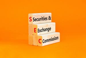 The words "Securities and Exchange Commission" on wooden blocks. 