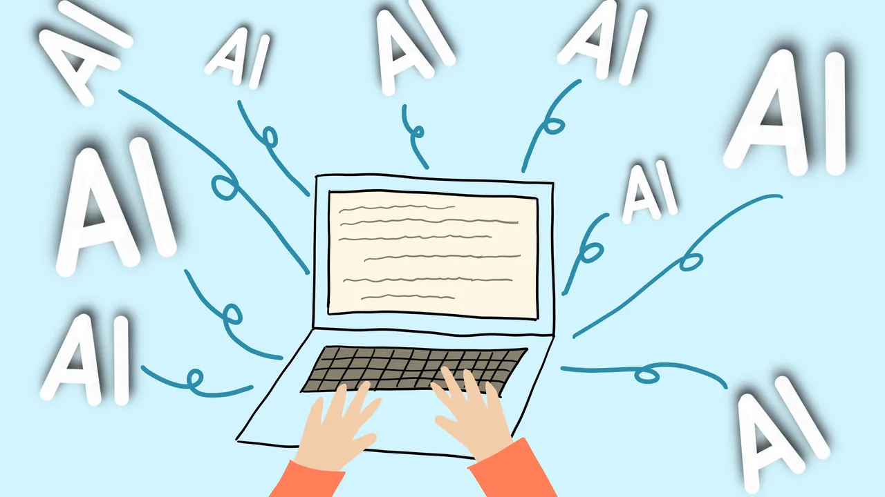 An illustration of hands typing on a keyboard with the words "AI" floating around.