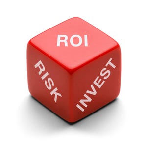 A die with these words printed on the three visible sides: RISK, ROI, INVEST