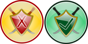 Two shields--one with red x, one with green check mark