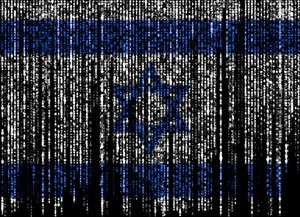 The Israel flag with falling binary code over it